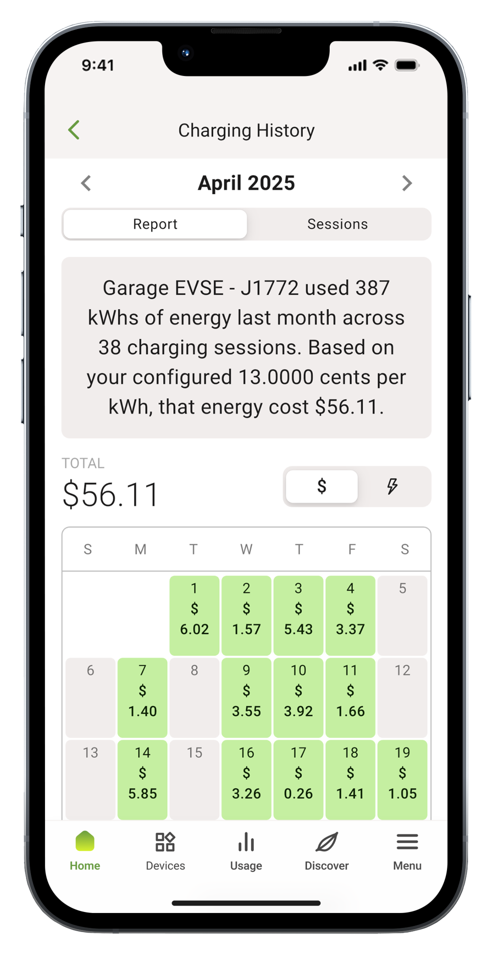 Emporia app screen showing EV charging session history